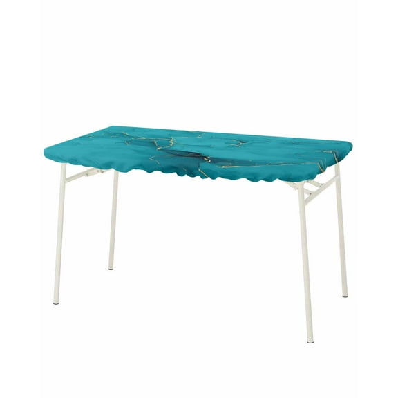 Turquoise Marble Rectangle Tablecloth, Waterproof Elastic Fitted Table Covers for 8 Foot Tables, 32x96inch Decorative Tablecloths for Picnic, Camping, Outdoor, Minimalist Abstract Golden Fluid Art