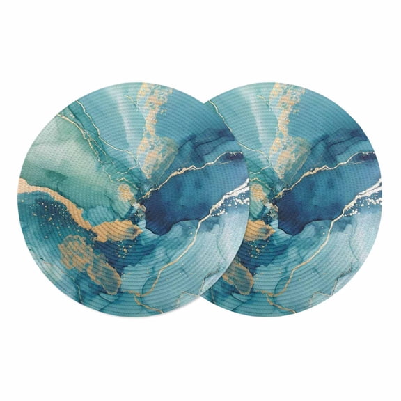 Turquoise Marble Round 13 Inch Placemats Set of 2, Modern Abstract Art Ombre Blue HeatResistant Non Slip Place Mats for Dining Table, Wipeable Braided Kitchen Table Mats for Housewarming