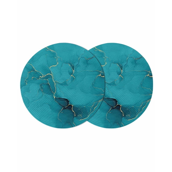 Turquoise Marble Round 15 Inch Placemats Set of 2, Minimalist Abstract Golden Fluid Art HeatResistant Non Slip Place Mats for Dining Table, Wipeable Braided Kitchen Table Mats for Housewarming