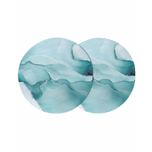 Turquoise Marble Round 15 Inch Placemats Set of 2, Modern Abstract Art Texture Watercolor HeatResistant Non Slip Place Mats for Dining Table, Wipeable Braided Kitchen Table Mats for Housewarming