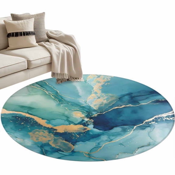 Turquoise Marble Round Area Rugs Collection 3', Modern Abstract Art Ombre Blue Non Slip Indoor Circular Throw Runner Rug Floor Mat Carpet for Living Room Dining Table Bedroom Nursery