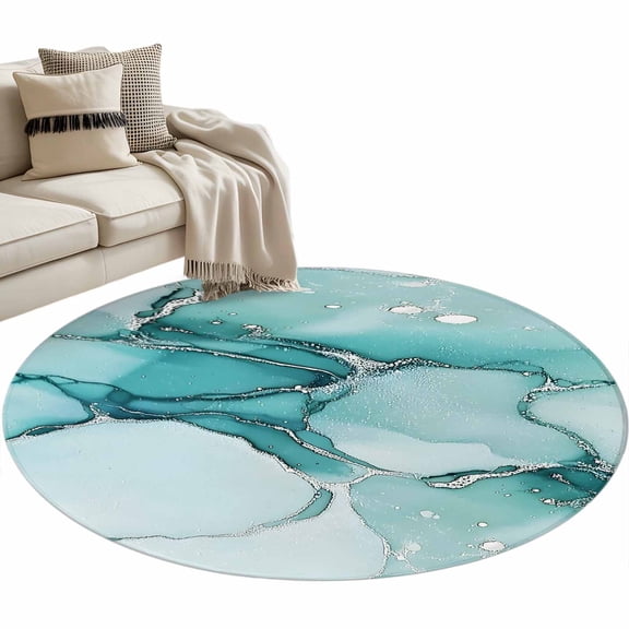 Turquoise Marble Round Area Rug 3ft Abstract Modern Non-Slip Washable Circle Rugs Soft Felt Indoor Floor Mat for Bedroom Kitchen Living Room Bathroom