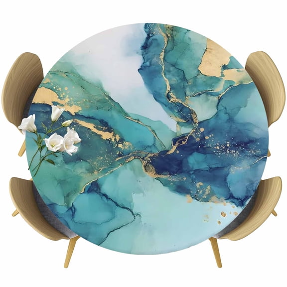 Turquoise Marble Round Fitted Tablecloth with Elastic Edge, Abstracts Green Gold Gradient Stone Texture Stretch Table Covers for 45"-54" Tables Wipeable Table Cloth for Outdoor