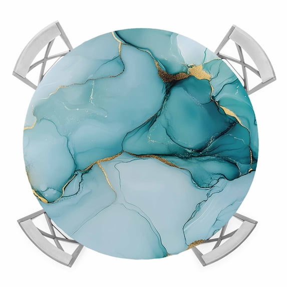 Turquoise Marble Round Fitted Tablecloth with Elastic Edge, Waterproof Table Cloth Table Cover for 36"-44" Tables, Abstract Modern Art Marble Crack Tablecloths for Dining Picnic Indoor Outdoor