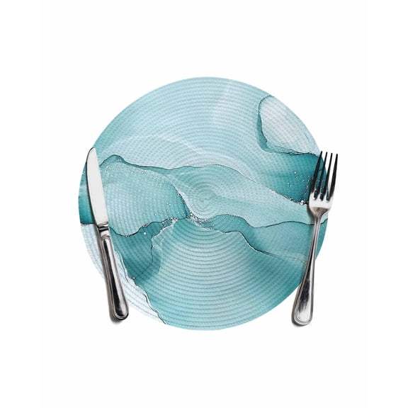 Turquoise Marble Round Placemats for Dinning Tables,Heat-proof Braided Table Mats 13 Inch,Modern Abstract Art Texture Watercolor Washable Place Mat for Kitchen Restaurant Party Decor Table Setting