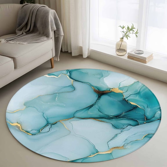 Turquoise Marble Round Rugs 3.3ft, Abstract Modern Art Marble Crack Non Slip Washable Rug Runner, Low Pile Indoor Floor Carpet Mat Bathroom Rugs for Living Room, Bedroom, Kids Room