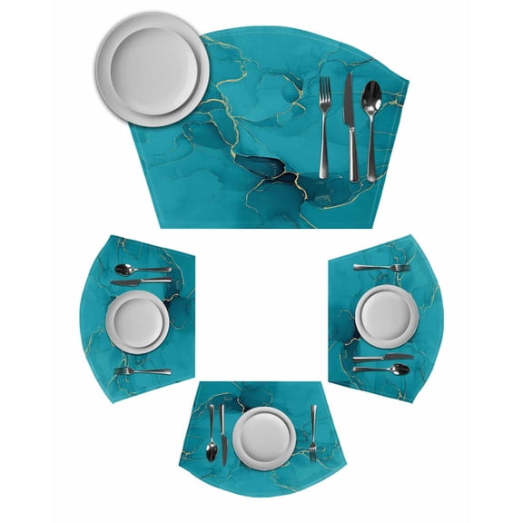 Turquoise Marble Round Table Placemats Set of 2 Wedge Placemats, Minimalist Abstract Golden Fluid Art Place Mats for Dining Table Set Washable Mats Kitchen Decor for Indoor Outdoor Wipe Clean