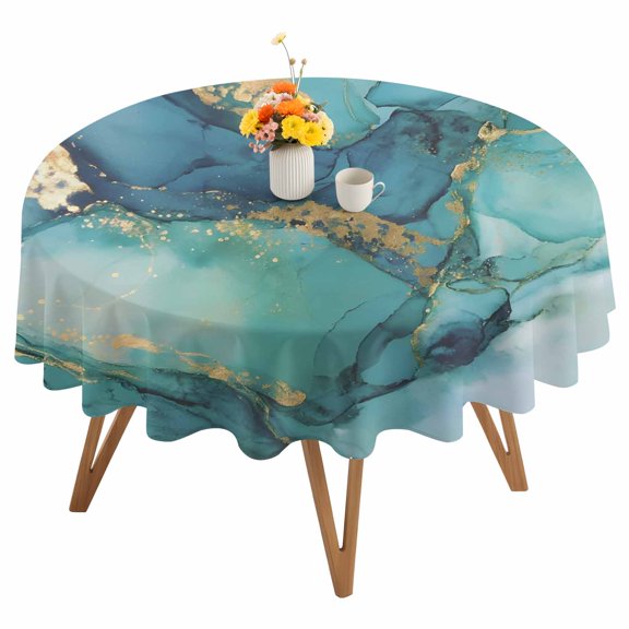 Turquoise Marble Round Tablecloth 54 inches Abstracts Gold Green Gradient Stone Texture Waterproof Oil-Proof Table Cloth Round Table Cover for Holiday Party Picnic Dinner Decor Indoor and Outdoor Use