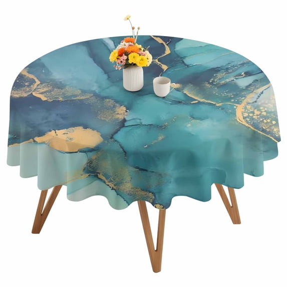 Turquoise Marble Round Tablecloth 54 inches Abstracts Gold Wave Lines Ombre Texture Waterproof Oil-Proof Table Cloth Round Table Cover for Holiday Party Picnic Dinner Decor Indoor and Outdoor Use