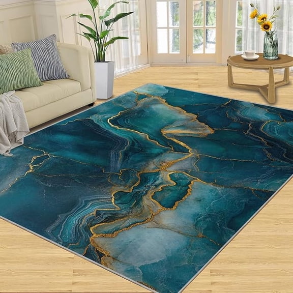Turquoise Marble Rug, Luxury Area Rugs For Living Room Bedroom, Turquoise Gold Texture Rugs, Modern Abstract Washable Carpet, Aesthetic Carpet - Marble Home Decor 1x2ft