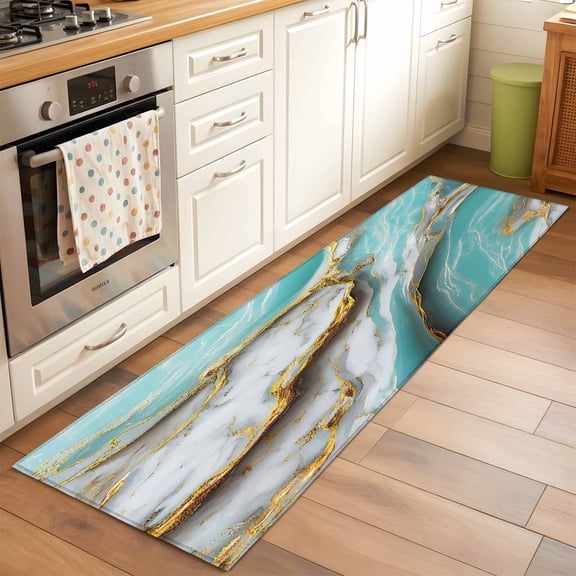 Turquoise Marble Runner Rugs 2x6 ft Modern Abstract Gradient White Gold Teal Water Ripples Washable Hallway Rugs Non-Slip Floor Mats Absorbent Carpet Bedside Runners for Bedroom Kitchen Laundry Room