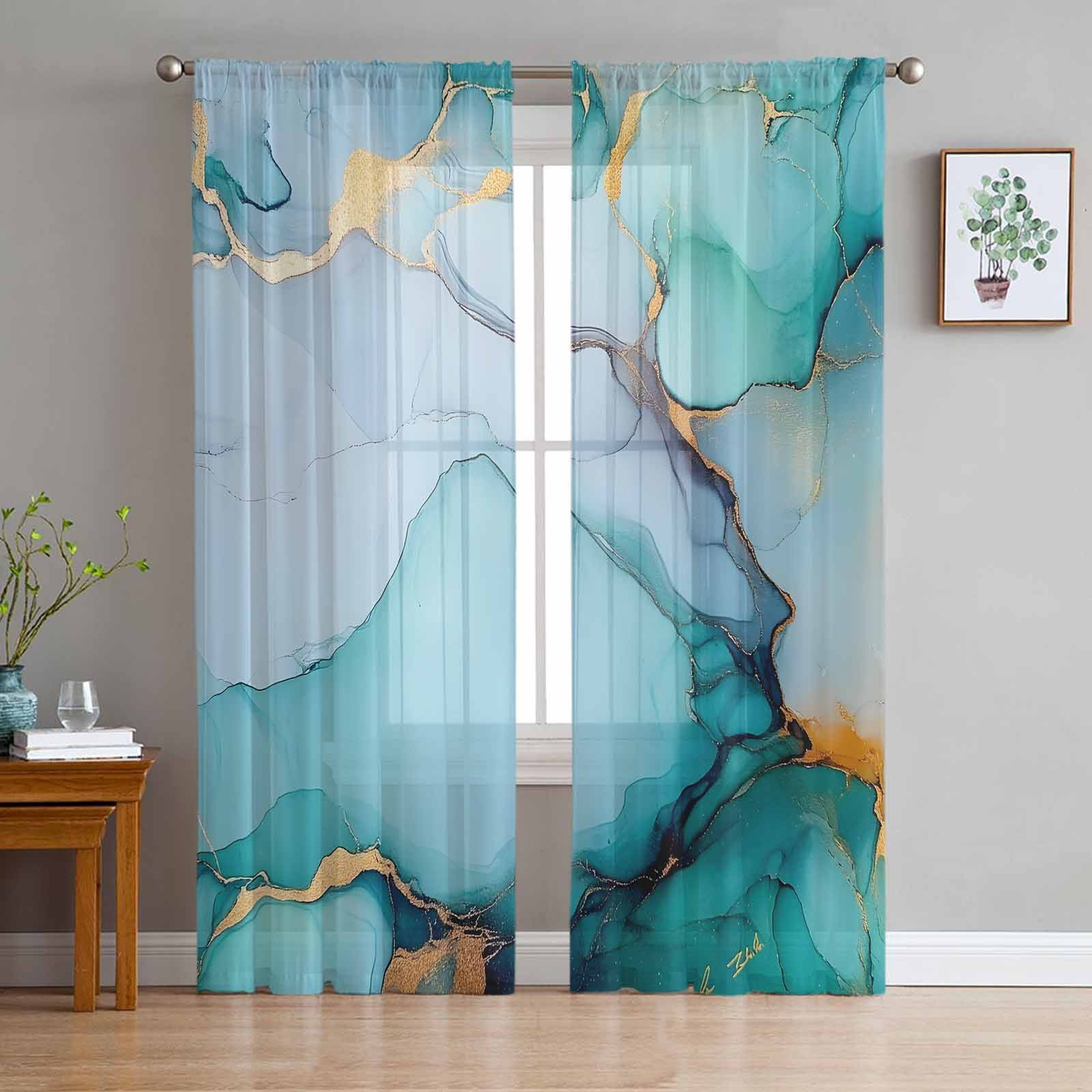 Turquoise Marble Sheer Curtains 108 Inch Length 2 Panels Set for Living ... - Green Modern Luxury Penthouse Window Treatments