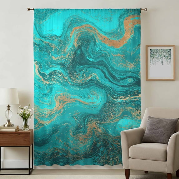 Turquoise Marble Sheer Curtains 45 Inches Long, Farmhouse Modern Abstract Aesthetic Light Filering Curtains, Breathable Simi Curtain Privacy Drapes for Kitchen Bathroom Small Window Treatment