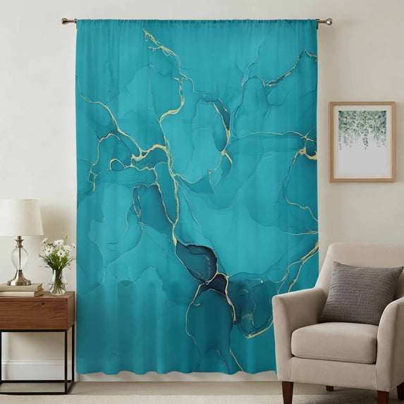 Turquoise Marble Sheer Curtains 54 Inches Long, Minimalist Abstract Golden Fluid Art Light Filering Curtains, Breathable Simi Curtain Privacy Drapes for Kitchen Bathroom Small Window Treatment