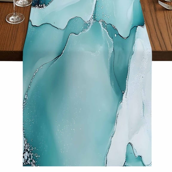 Turquoise Marble Short Table Runner 48 Inches Long,Modern Abstract Art Texture Watercolor Cotton Linen Table Runners Dresser Scarves,Tabletop Scarf Furniture Cover for Home Dinner Party Decor 13"x48"