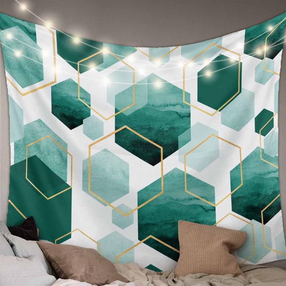 Turquoise Marble Small Tapestry for Bedroom Wall Hanging Tapestry, Gold White Geometric Hexagon Modern Ceiling Backdrop Tapestries Poster Blanket Wall Decor for Teens Room Living Room Dorm 23" x 28"