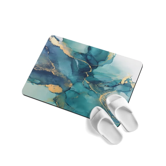 Turquoise Marble Soft Diatomaceous Earth Mat, Abstracts Gold Wave Lines Ombre Texture Absorbent Bath Mat Non Slip Rubber Backed Quick Dry Doormat Fit Under Door for Bathroom Kitchen 24"x36"
