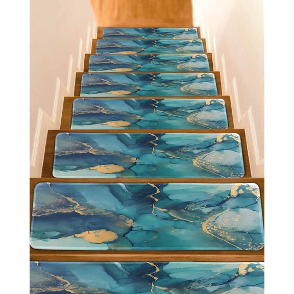 Turquoise Marble Stair Treads Abstracts Gold Wave Lines Ombre Texture Indoor Non Slip Peel and Stick Stair Treads for Wooden Steps 4 PCS, Soft Adhesive Staircase Mats Runner Rugs 8"x30"