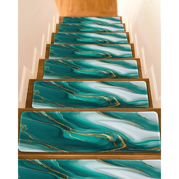 Turquoise Marble Stair Treads Gold Line Abstract Art Fluid Modern Indoor Non Slip Peel and Stick Stair Treads for Wooden Steps 7 PCS, Soft Adhesive Staircase Mats Runner Rugs 8"x30"
