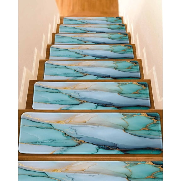 Turquoise Marble Stair Treads for Wooden Steps Indoor Runner Rug Carpet, Farmhouse Abstract Ombre Texture 15 Pieces Peel and Stick Staircase Step Treads Covers Washable Throw Door Mats, 30"x8"