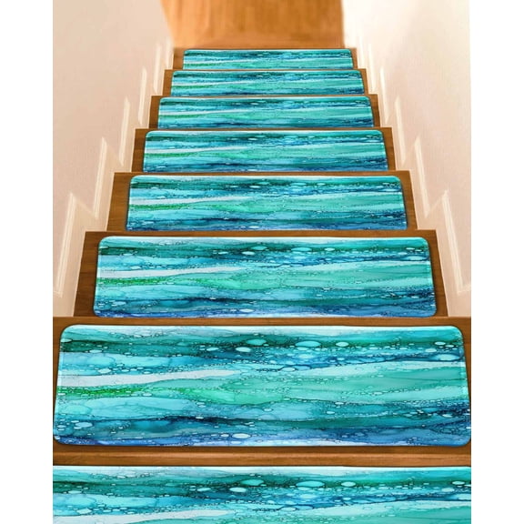 Turquoise Marble Stair Treads for Wooden Steps Indoor Runner Rug Carpet, Gradient Abstract Sea Waves Bubble 7 Pieces Peel and Stick Staircase Step Treads Covers Washable Throw Door Mats, 30"x8"