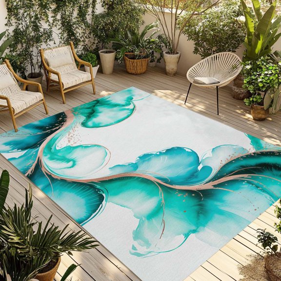 Turquoise Marble Stone Outdoor Rug for Patio/Deck/Porch, Non-Slip Large Area Rug 5 x 7 Ft, Ink Splash Country Marble Abstract Indoor Outdoor Rugs Washable Area Rugs, Camping Rug Carpet Runner