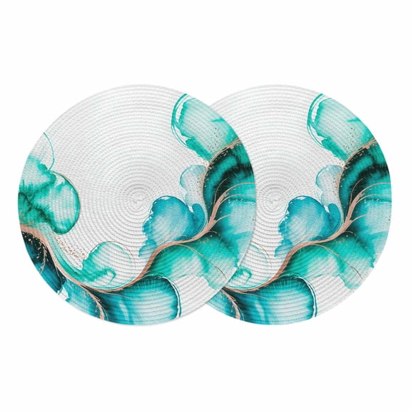 Turquoise Marble Stone Round 13 Inch Placemats Set of 2, Ink Splash Country Marble Abstract HeatResistant Non Slip Place Mats for Dining Table, Wipeable Braided Kitchen Table Mats for Housewarming