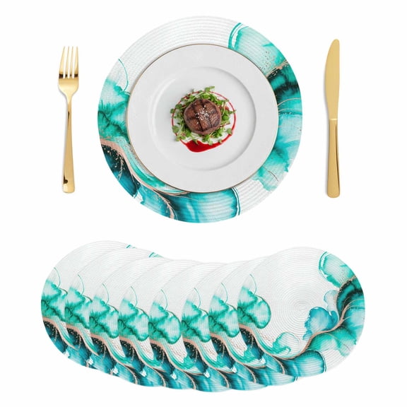 Turquoise Marble Stone Round 15 Inch Placemats Set of 8, Ink Splash Country Marble Abstract HeatResistant Non Slip Place Mats for Dining Table, Wipeable Braided Kitchen Table Mats for Housewarming