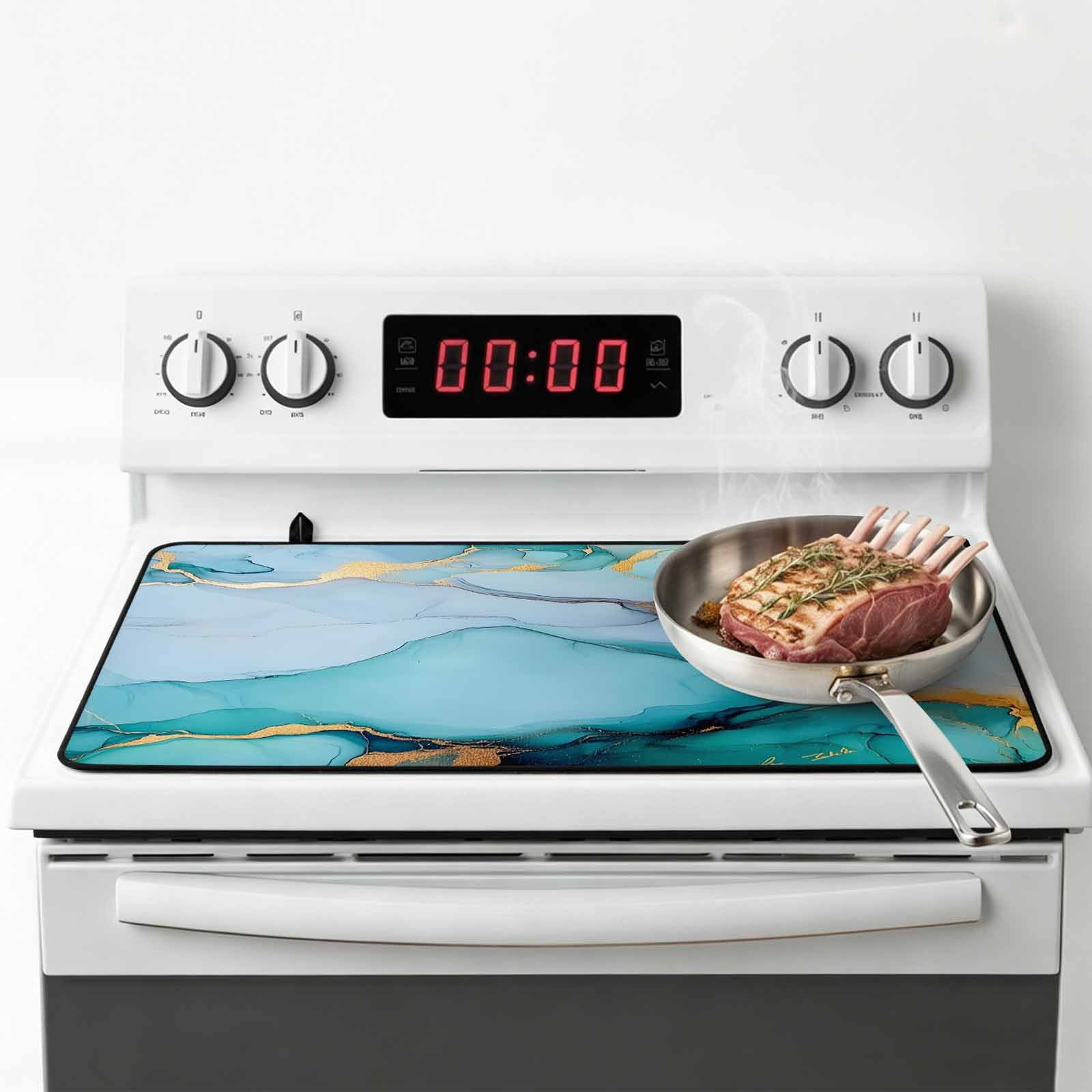 Turquoise Marble Stove Top Cover for Electric Stove, Heat-proof & Non Slip Glass Top Stove Cover Protector, Abstract Green Modern Luxury Cracks Kitchen Flat Cooktop Rubber Mat 24x21 Inches