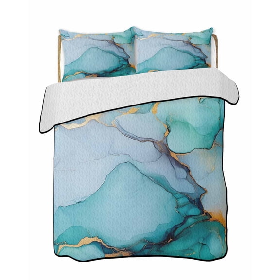 Turquoise Marble Summer Quilt Set Full Size, Soft Microfiber Quilted Bedding Set with 2 Pillow Shams, Abstract Green Modern Luxury Cracks Lightweight All Season Bedspread Coverlet for Bedroom 78"x90"