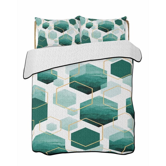 Turquoise Marble Summer Quilt Set Twin Size, Soft Microfiber Quilted Bedding Set with 2 Pillow Shams, Gold White Geometric Hexagon Modern Lightweight All Season Bedspread Coverlet for Bedroom 68"x86"