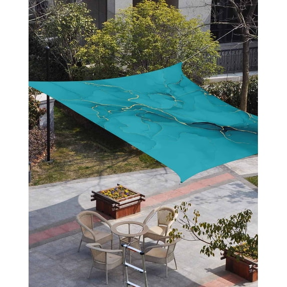 Turquoise Marble Sun Shade Sail 6.5'x10' Rectangle Outdoor Shade Canopy, Minimalist Abstract Golden Fluid Art Porch Shades Outdoor Sun Blocking Screen, Sunshade Cloth Covers for Patio/Deck/Garden