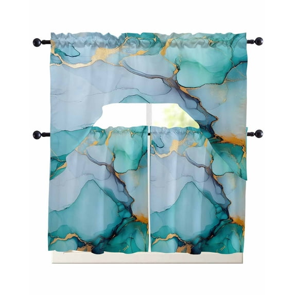 Turquoise Marble Swag Curtains for Living Room/Bedroom Windows, Abstract Green Modern Luxury Cracks Kitchen Curtains and Valances Set 36 Inch Length, Light Filtering Swags Valance Curtain Panels
