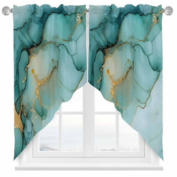 Turquoise Marble Swag Valances for Windows 2 Pack Modern Art Abstract Gold Texture Ombre Swag Kitchen Curtains 36 Inches Long Rod Pocket Short Window Treatment for Kitchen Bathroom 28"x36"