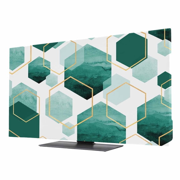 Turquoise Marble TV Cover for 24 Inch Screen,Stretch Fabric Dustproof TV Display Protector,Gold White Geometric Hexagon Modern Elastic Slipcover Monitor Cover for Indoor Desktop Computer 20.9"x11.8"