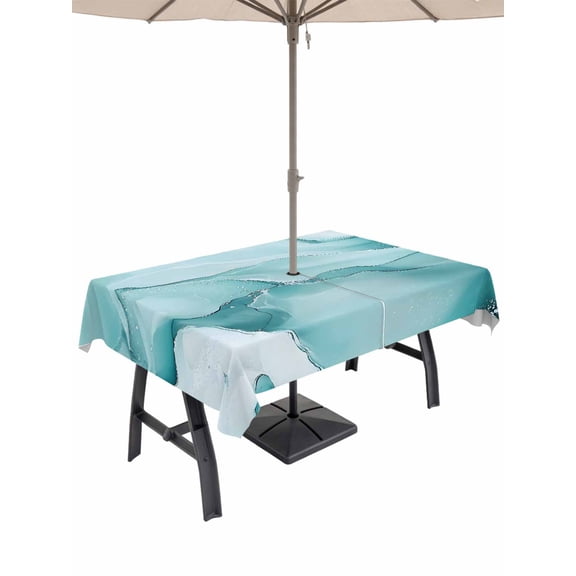 Turquoise Marble Table Cloth Rectangle Outdoor Tablecloth, Modern Abstract Art Texture Watercolor Waterproof Table Cover with Umbrella Hole and Zipper for Party/Dining/Patio/Wedding 60x120 Inch