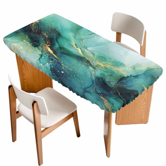 Turquoise Marble Table Cloths for 3 Foot Rectangle Tables, Ink Painting Modern Abstract Aesthetics Patio Waterproof Elastic Fitted Tablecloths, Washable Rectangular Table Cover for Camping