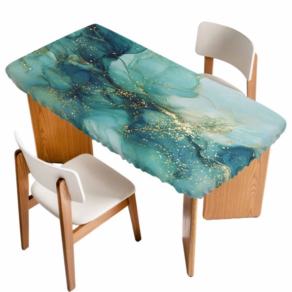 Turquoise Marble Table Cloths for 4 Foot Rectangle Tables, Modern Abstract Art Aesthetics Ink Painting Patio Waterproof Elastic Fitted Tablecloths, Washable Rectangular Table Cover for Camping