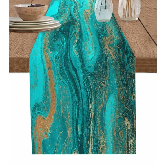 Turquoise Marble Table Runner 36 Inches, Farmhouse Modern Abstract Aesthetic Bed Runner Dresser Scarves Tabletop for Indoor Outdoor Parties/Ceremony/Banquet, 13"x 36"