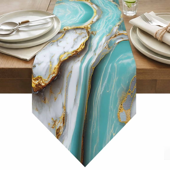 Turquoise Marble Table Runner 60 Inches Long Modern Abstract Gradient White Gold Teal Water Ripples Table Runners for Dining Room Tabletop Dresser Scarf Home Party Banquet Wedding Holiday Decoration
