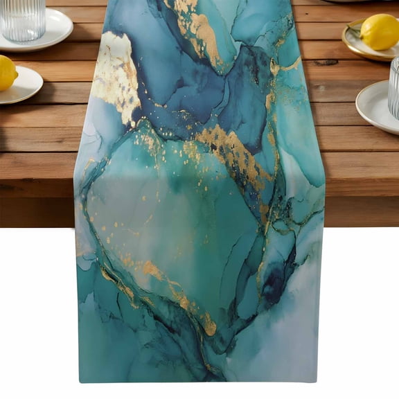Turquoise Marble Table Runner, Abstracts Gold Green Gradient Stone Texture Washable Kitchen Table Runners Dress Scarves for Dining Table Decorations Party, 18x72in