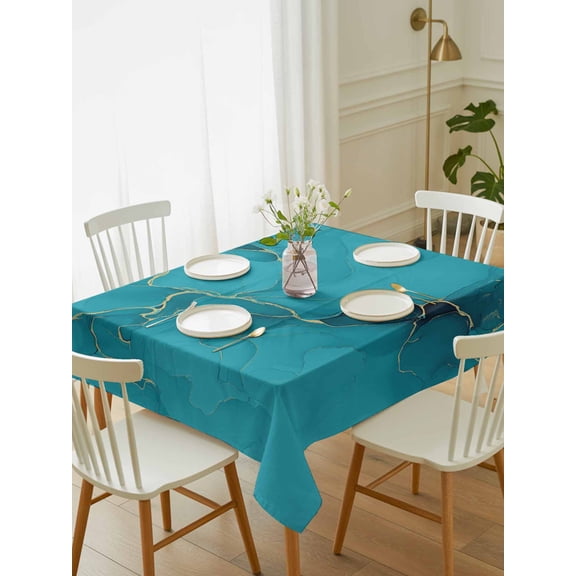 Turquoise Marble Tablecloth Rectangle Table Cloth 52x70, Waterproof Tablecloth Outdoor Table Cloth, Minimalist Abstract Golden Fluid Art Washable Table Cover for Kitchen Dinning Party