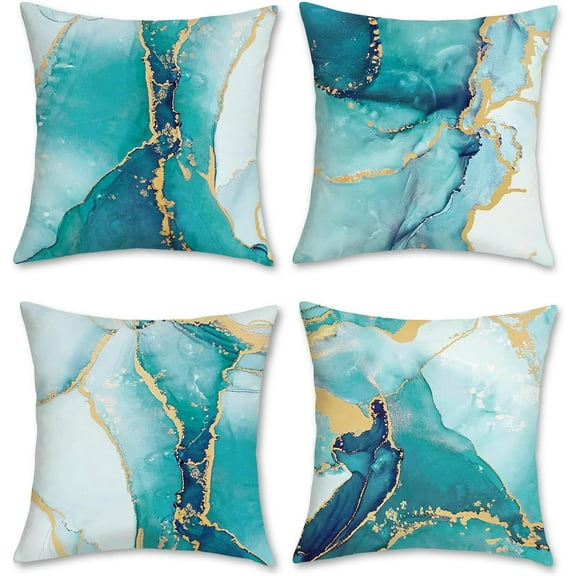 Turquoise Marble Throw Pillow Covers 18x18 Inch Set of 4 Two-Sided Teal Gold Abstract Art Modern Decorative Pillows Case Soft Velvet Outdoor Cushion Covers for Couch Sofa Bed Home Decor
