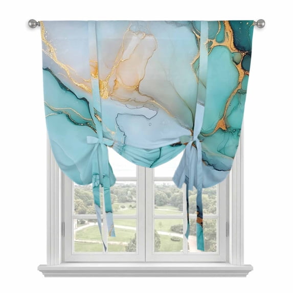 Turquoise Marble Tie Up Curtain Valance for Window,Adjustable Rod Pocket Window Curtains Shades,Farmhouse Abstract Ombre Texture Light Filtering Valance Drapes for Kitchen Living Room Bedroom 42"x63"