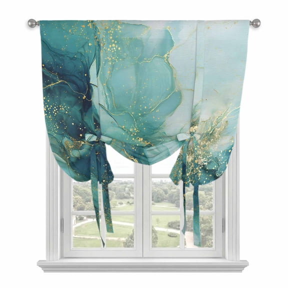 Turquoise Marble Tie Up Curtains 45 Inches Long, Kitchen Window Curtains Over Sink, Modern Abstract Art Aesthetics Ink Painting Small Window Curtains Balloon Curtains Valances for Bedroom 34"x45"