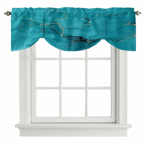 Turquoise Marble Tie Up Valance Curtains for Windows, Kitchen Curtains Window Shades, Minimalist Abstract Golden Fluid Art Light Filtering Roman Curtain Valances for Bedroom/Bathroom/Cafe 42"x12"
