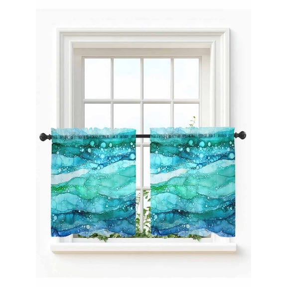 Turquoise Marble Tier Curtains 24 Inch Length,Sheer Curtains for Bedroom Living Room Window Gradient Abstract Sea Waves Bubble Rod Pocket Drapes Kitchen Curtains Small Half Window 27.5"x24" 2 Panels