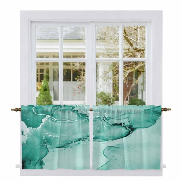 Turquoise Marble Tier Curtains, Nature Marble Stone Ripple Modern Art Light Filtering Kitchen Curtains, 2Pcs Rod Pocket Half Window Treatments Panels for Sink Cafe Cabinet Camper 27.5x24 Inches