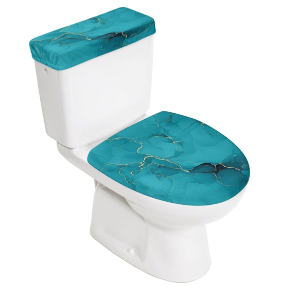 Turquoise Marble Toilet Lid Cover and Tank Cover Set, Turquoise Marble 2pc Stretch Toilet Lid Seat Covers for Bathroom Washable Protector with Elastic Edge for Standard & Elongated Toilets