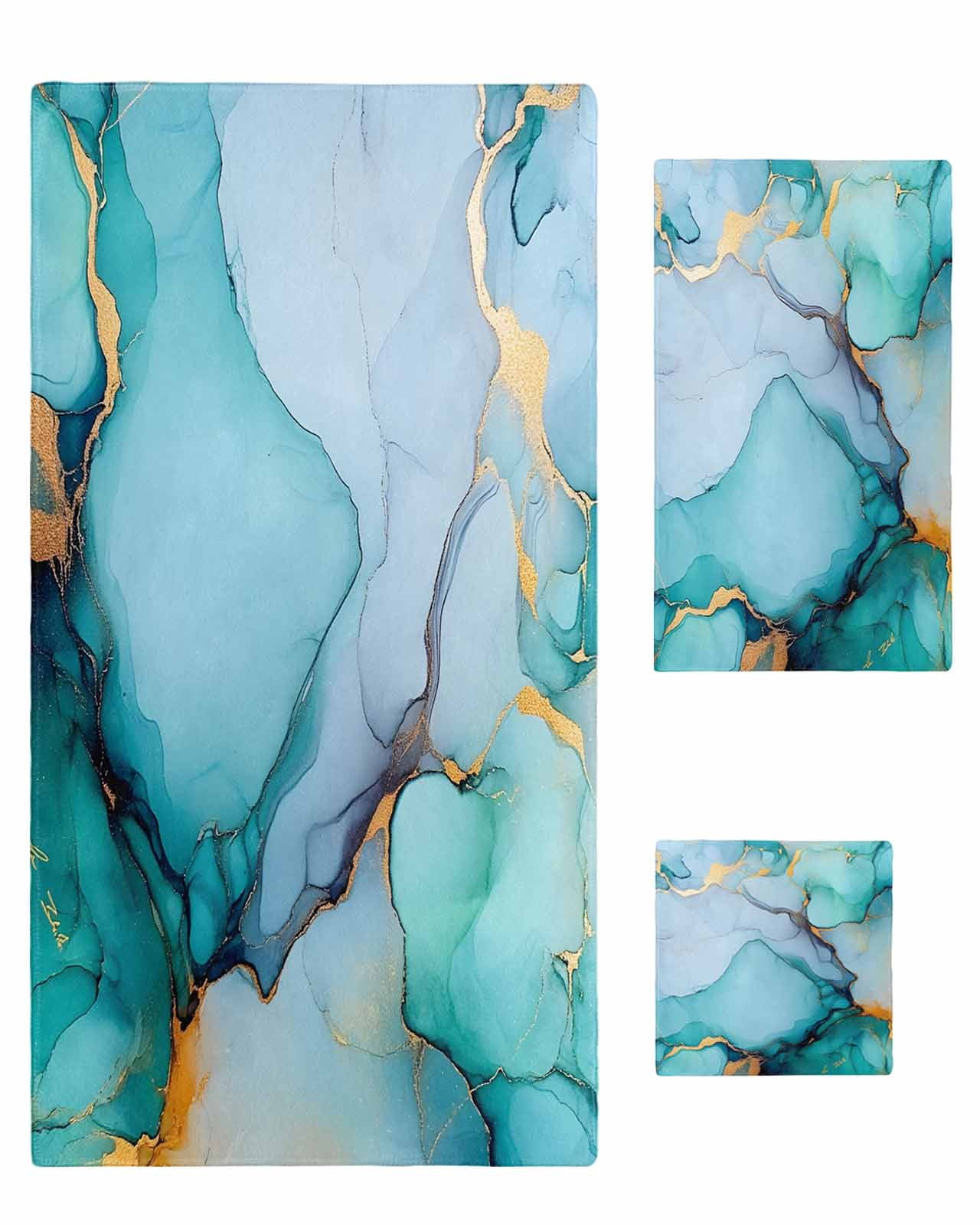 Turquoise Marble Towel Set of 3, Soft Microfiber Bath Towels, Hand Towel, Washcloths, Abstract Green Modern Luxury Cracks Quick-Dry Absorbent Towels for Bathroom Kitchen Hotel Beach Gym Spa